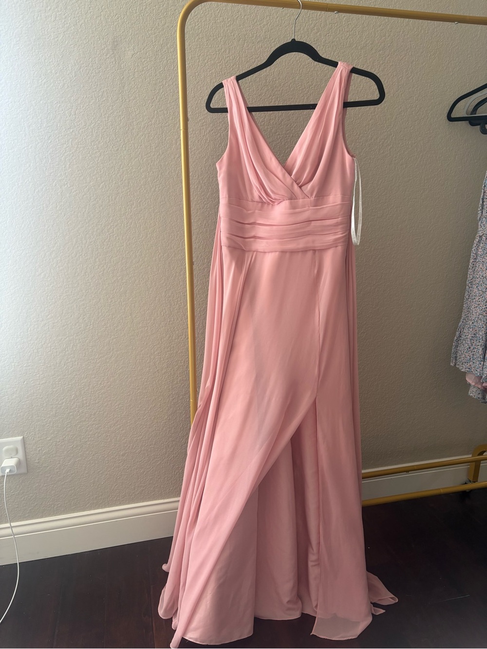 David's Bridal Blush Pink V-Neck Chiffon Maxi Dress